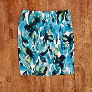 Evan-Picone Stretch Skirt, Abstract Floral Turquoise Blue Black Mini, Size S